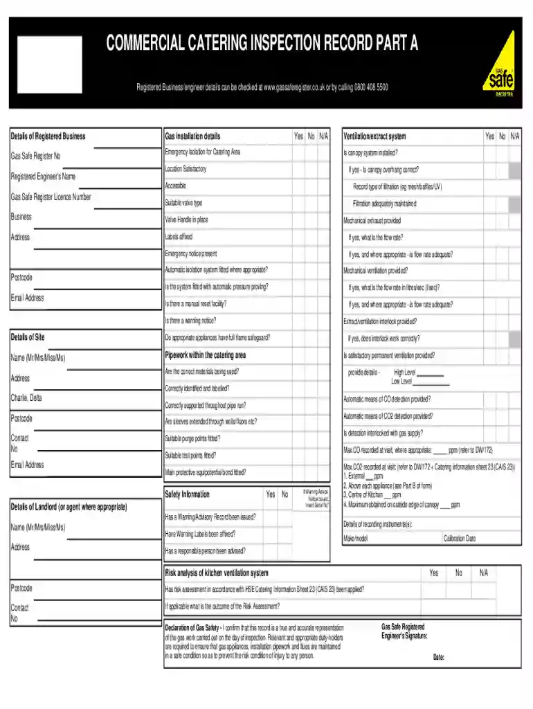 COMMERCIAL CATERING INSPECTION RECORD PART A Preview on Page 1
