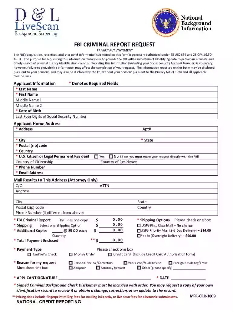 FBI CRIMINAL REPORT REQUEST Preview on Page 1