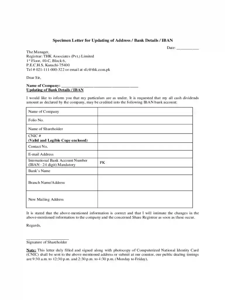 Specimen Letter for Updating of Address Bank Details IBAN Preview on Page 1