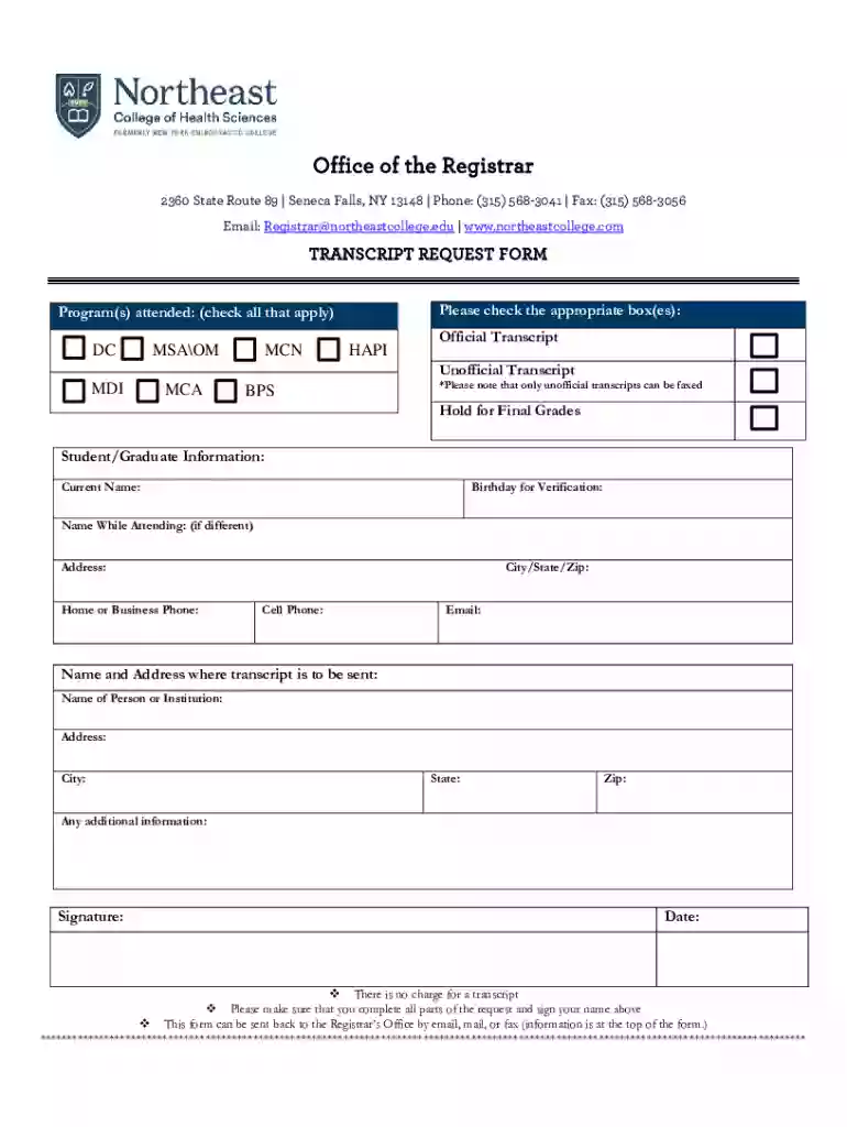 Office of the Registrar - TRANSCRIPT REQUEST FORM Preview on Page 1