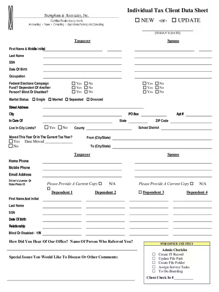 Individual Tax Client Data Sheet NEW -or- UPDATE Preview on Page 1