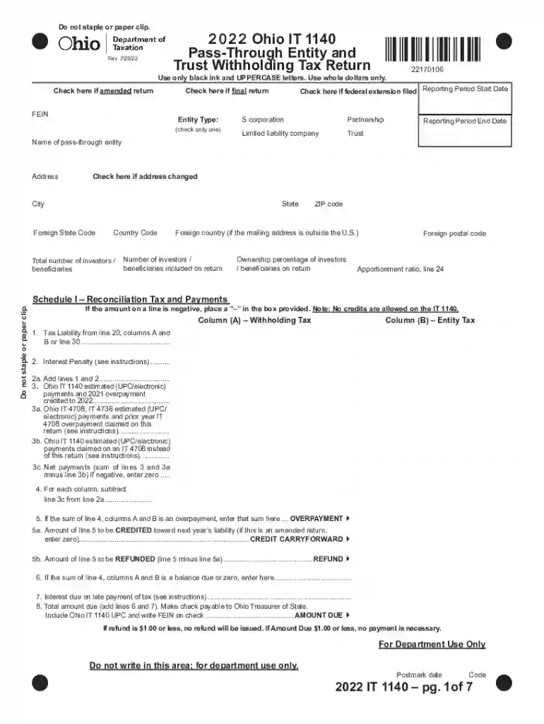 2022 Ohio IT 1140 - Pass-Through Entity and Trust Preview on Page 1