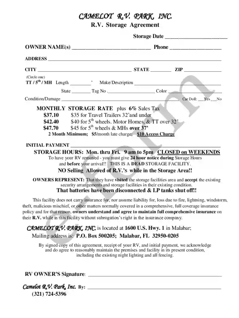RV STORAGE AGREEMENT Preview on Page 1
