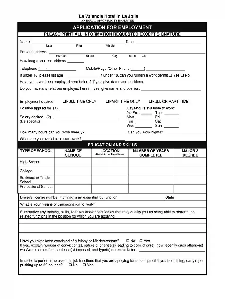 hotel employment application Preview on Page 1