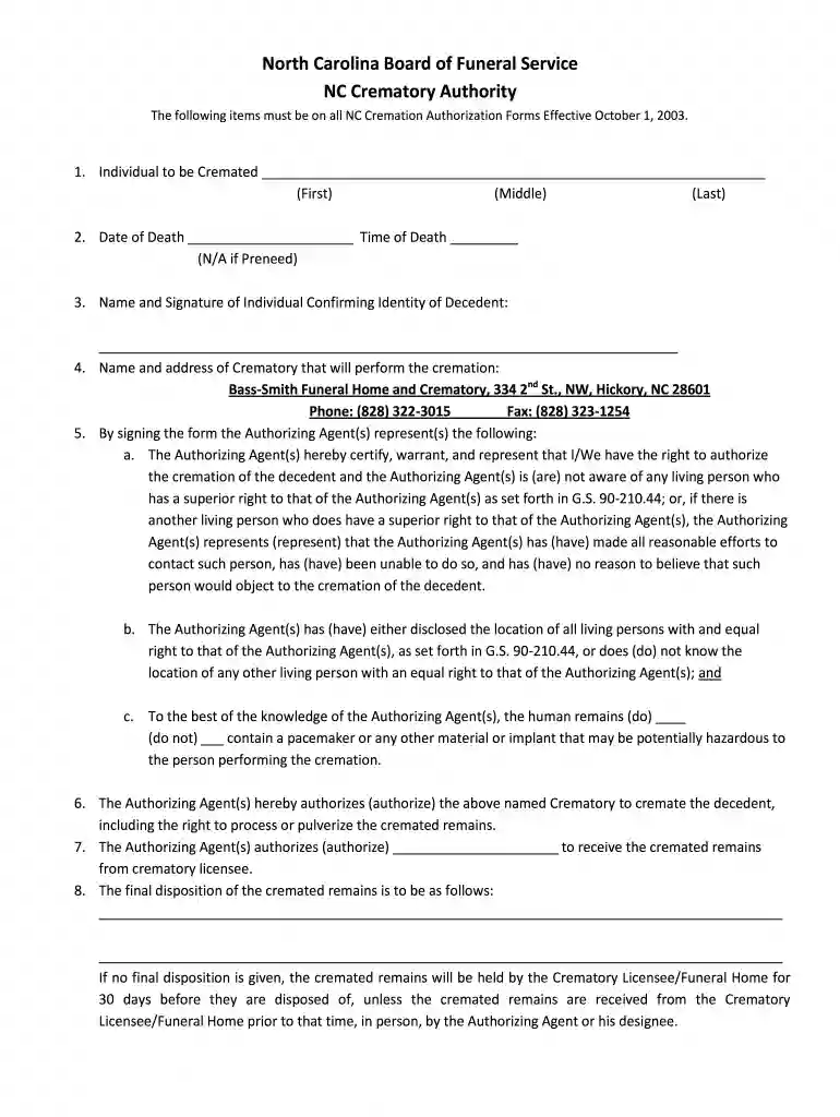 cremation authorization form pdf Preview on Page 1
