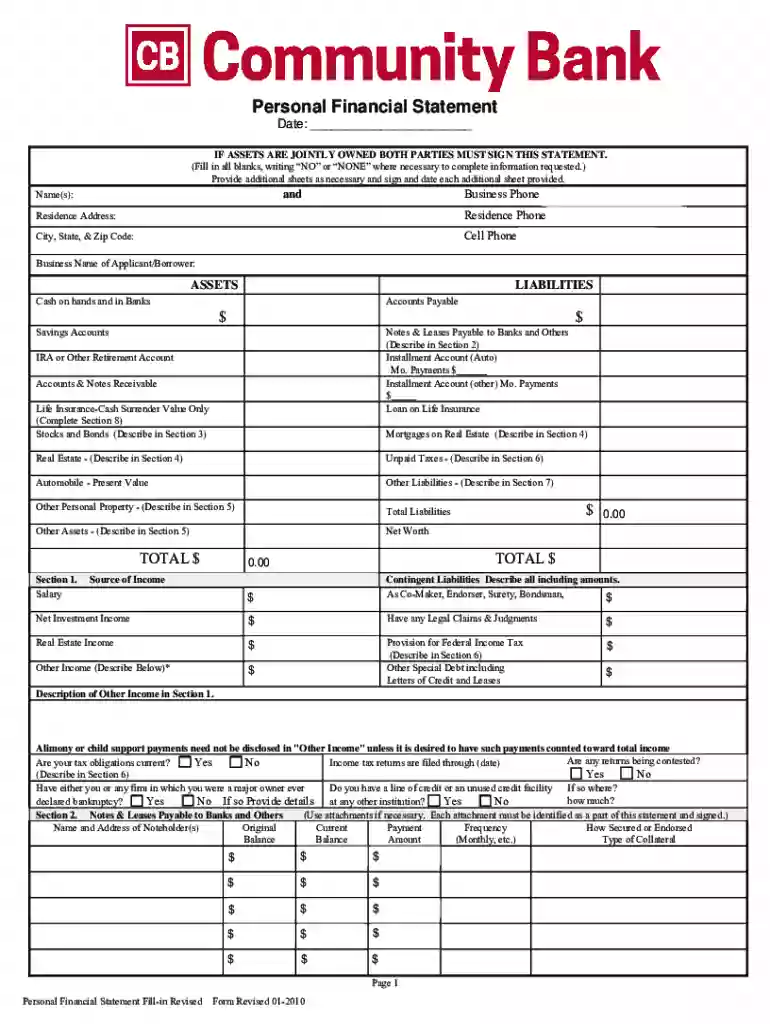 community bank personal financial statement form Preview on Page 1