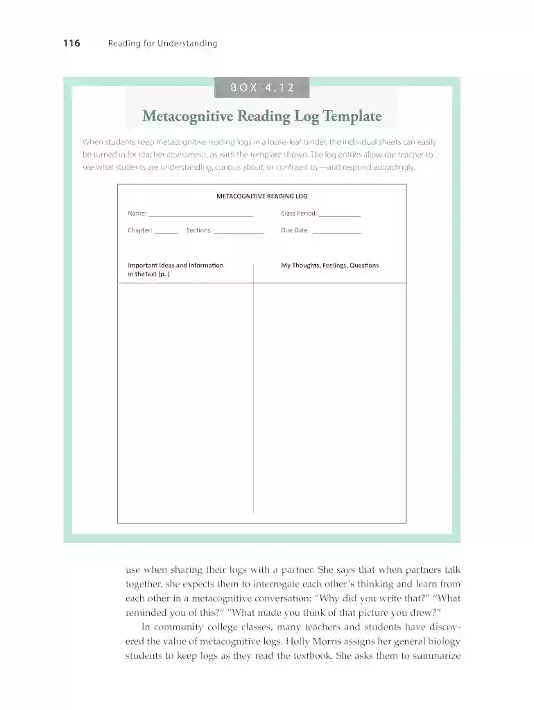 metacognitive reading log template Preview on Page 1