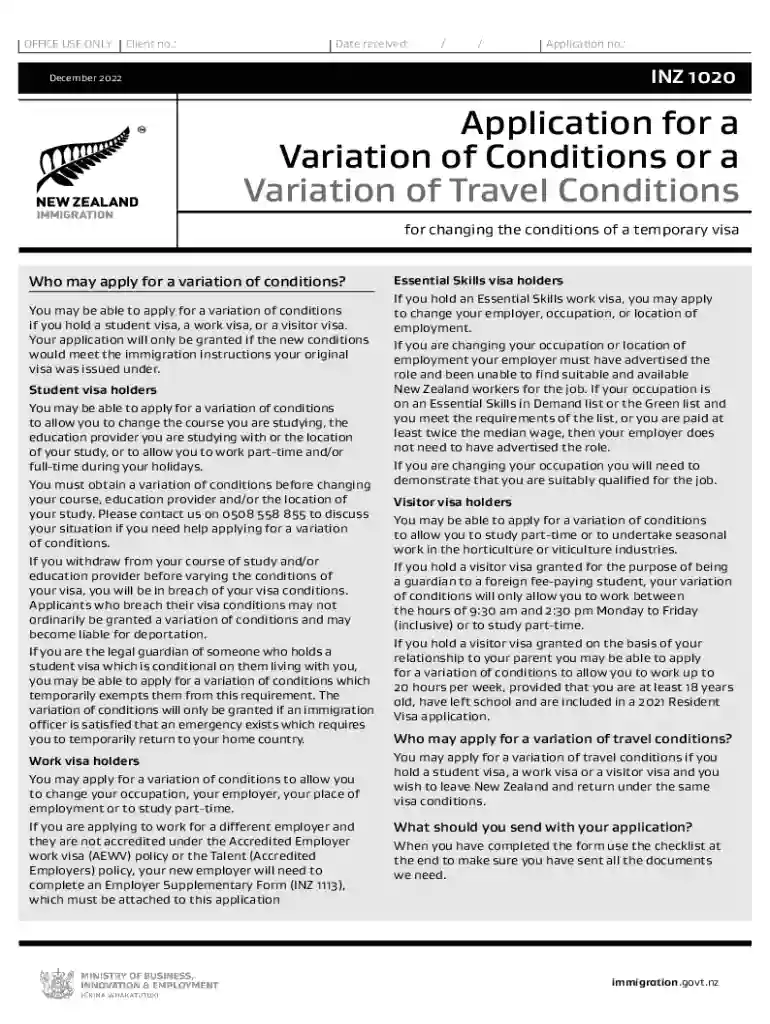 INZ 1020 Application for a Variation of Conditions Preview on Page 1
