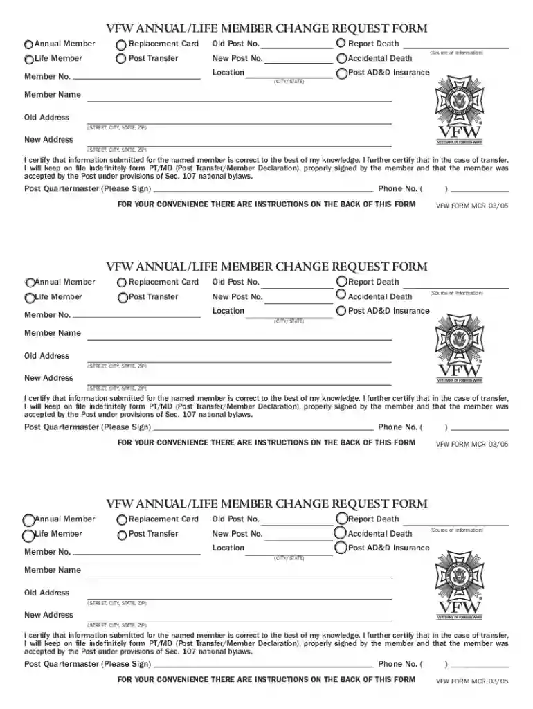VFW Annual life member change request form Preview on Page 1