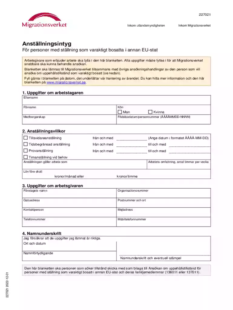 Anstllningsintyg - Fr personer med stllning som varaktigt bosatta i annan EU-stat Preview on Page 1