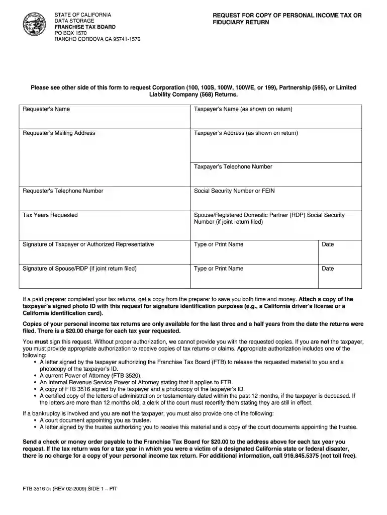 ftbcagov form 3516 2009 Preview on Page 1