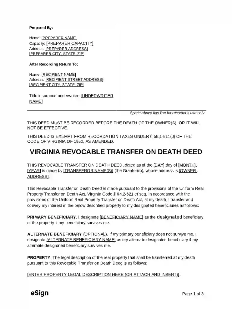 Virginia Transfer on Death Deed Form Preview on Page 1