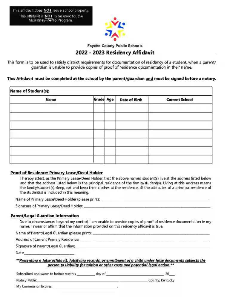 Fayette County Public Schools Student Residency Affidavit Preview on Page 1