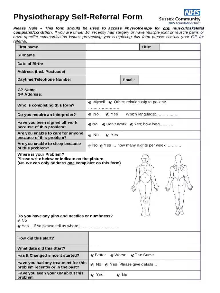 Physiotherapy Self-Referral Form Preview on Page 1