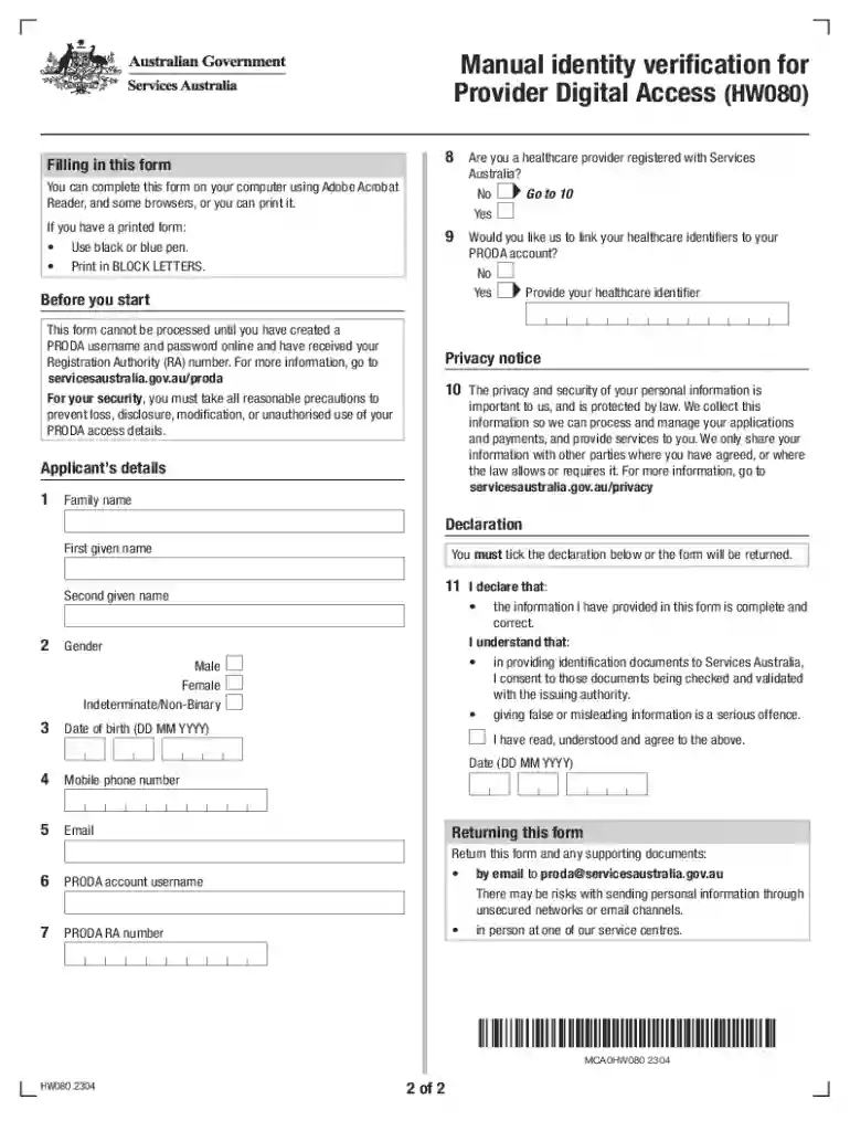 Manual Identity Verification for Provider Digital Access (HW080) Preview on Page 1