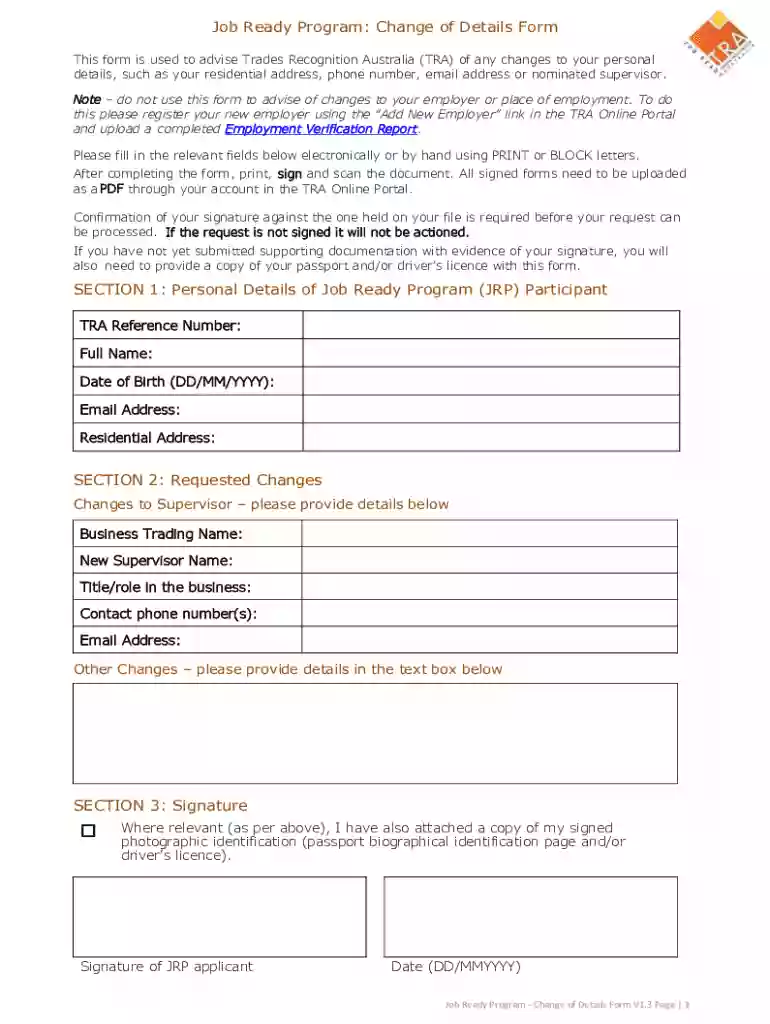 Job Ready Program: Change of Details Form SECTION 1: Personal Preview on Page 1