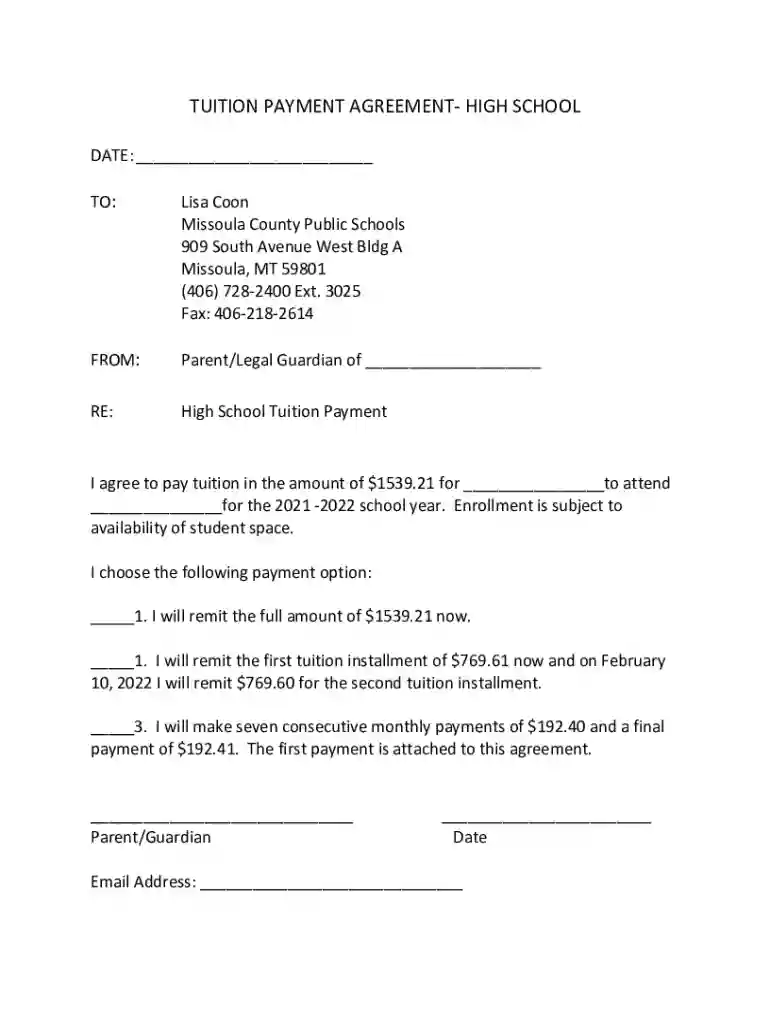 TUITION PAYMENT AGREEMENT-HIGH SCHOOL Preview on Page 1