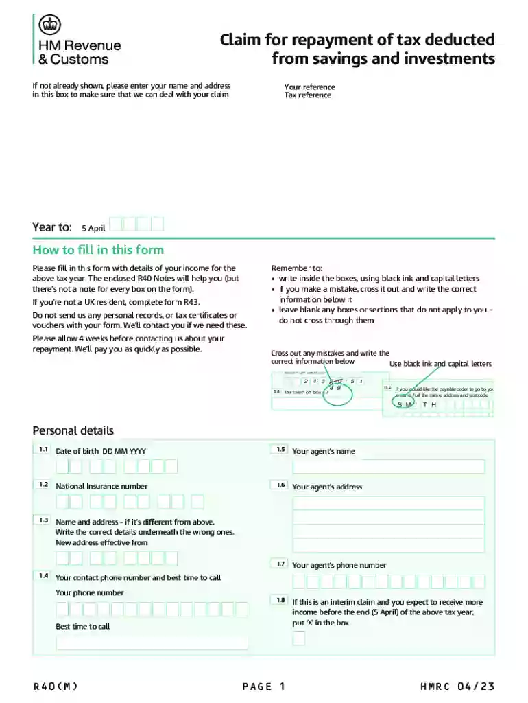 R40 - Claim for repayment of tax deducted from savings Preview on Page 1