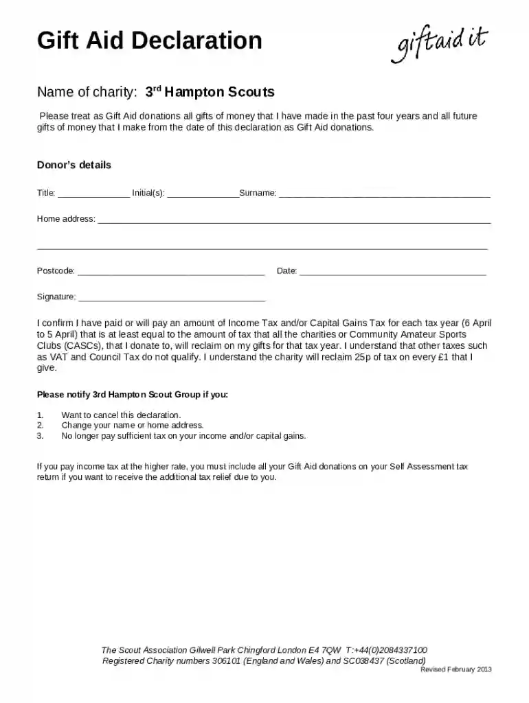 Gift Aid Declaration form Preview on Page 1