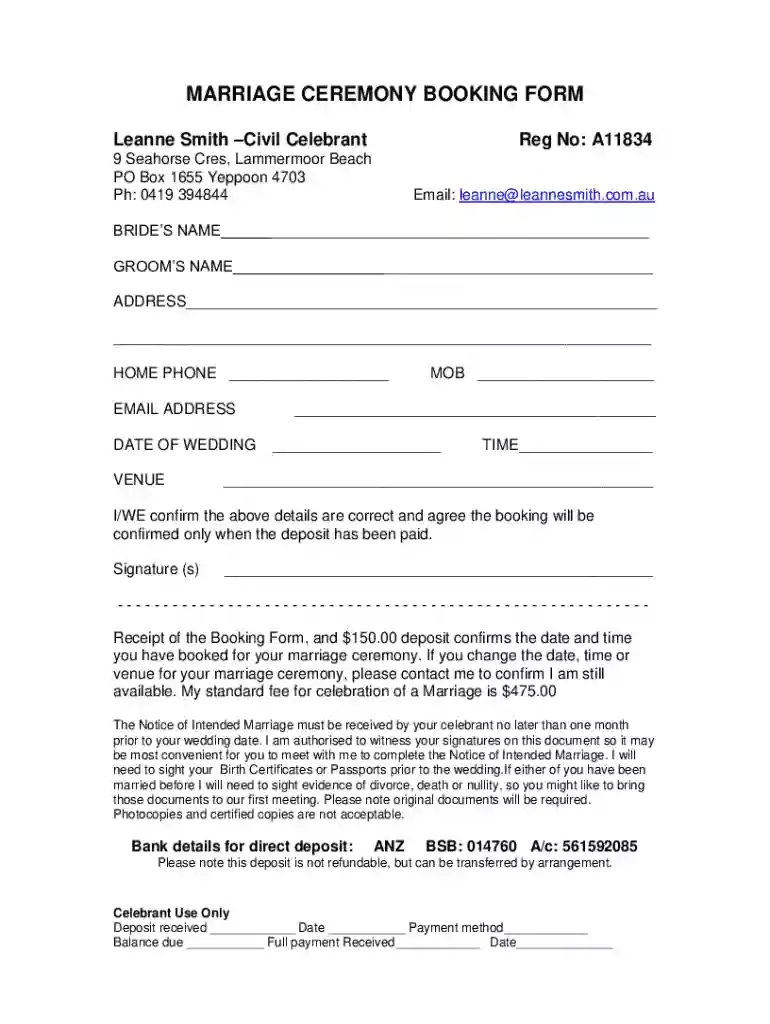 Marriage Ceremony Booking - Leanne Smith Civil Celebrant Preview on Page 1