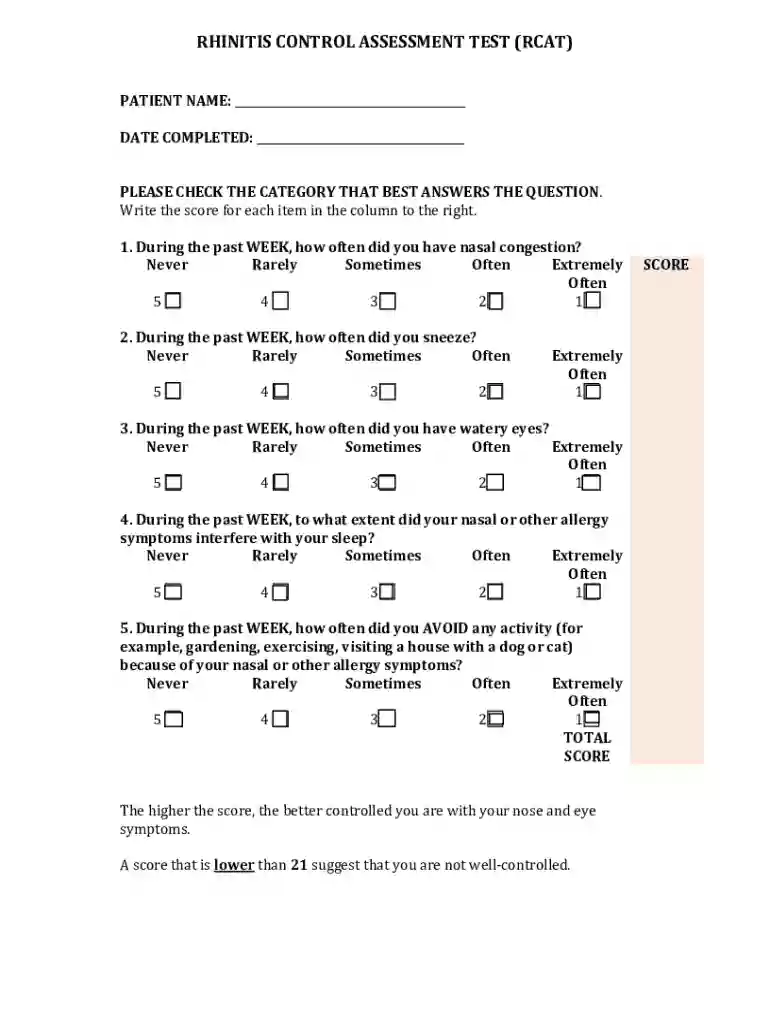 ACAAI RHINITIS CONTROL ASSESSMENT TEST (RCAT) Preview on Page 1