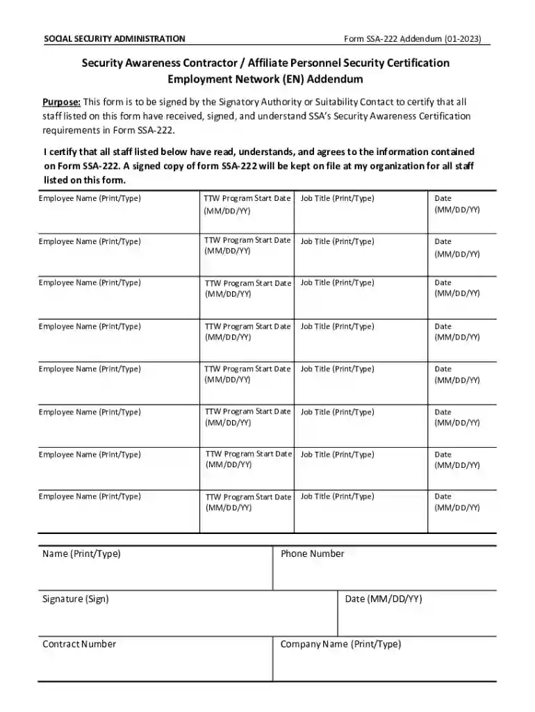 FormSSA222Addendum An addendum to Form SSA-222 which an EN should use to list all employees with a s Preview on Page 1