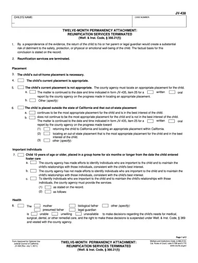 JV-438 Twelve-Month Permanency Attachment. Judicial Council forms - courts ca Preview on Page 1