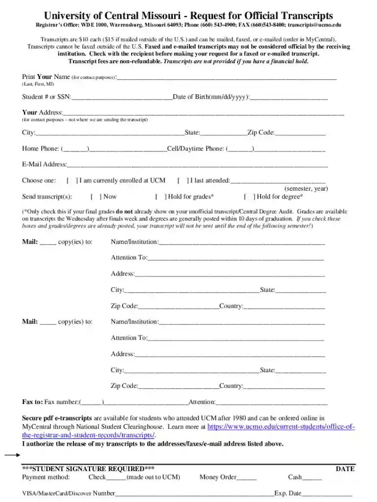Request for Official Transcripts Preview on Page 1