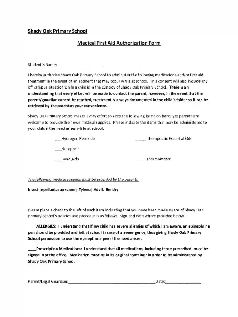 Shady Oak Primary School Medical First Aid Authorization Preview on Page 1