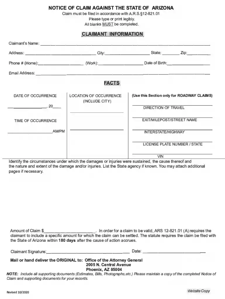 Arizona Notice of Claim Against the State Preview on Page 1