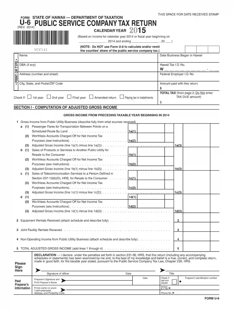 Form U-6, Rev 2014, Public Service Company Tax Return Forms 2014 - Fillable Preview on Page 1