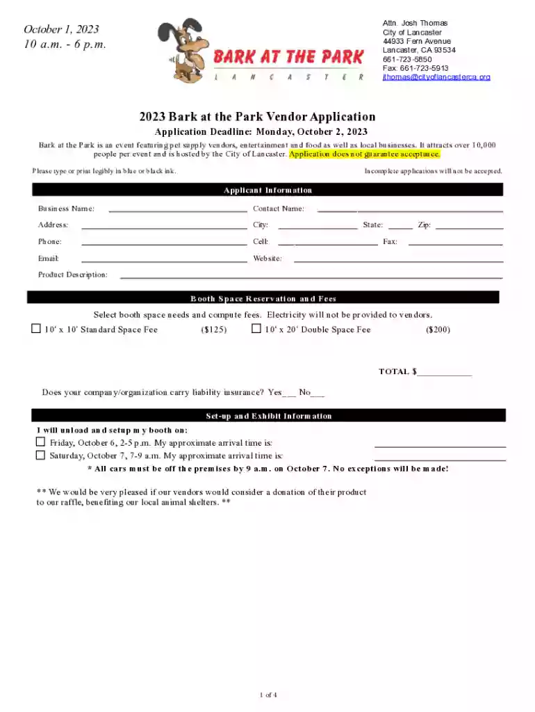 6 p m 2023 Bark at the Park Vendor Application Preview on Page 1