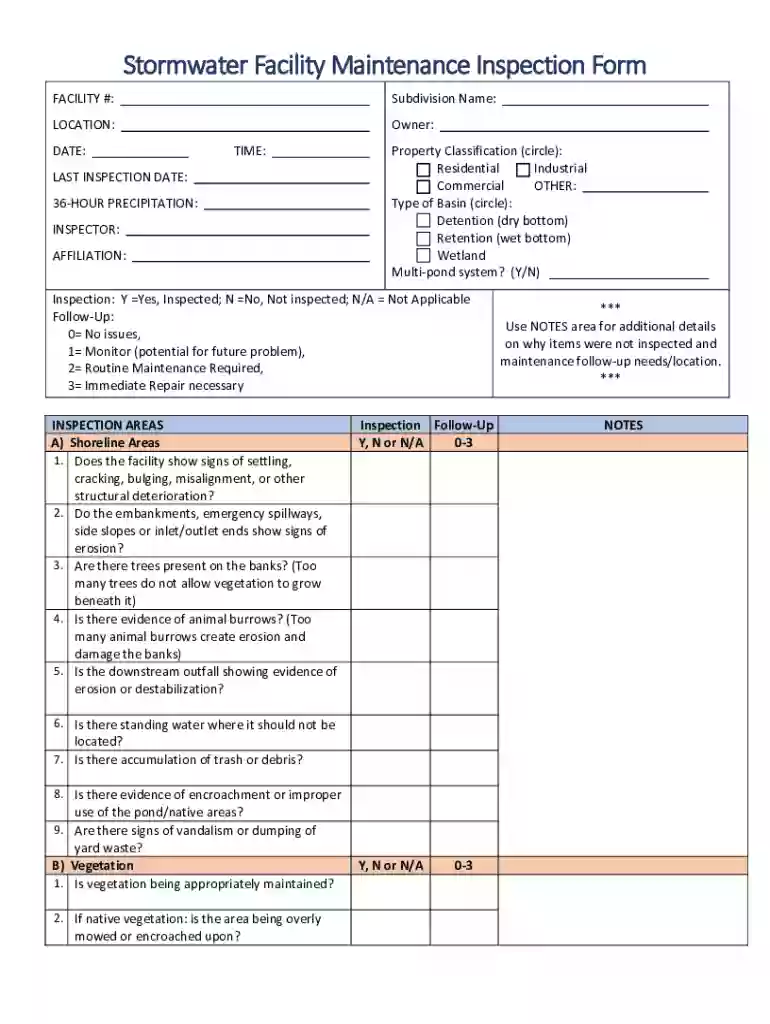Stormwater Facility Maintenance Inspection Form Preview on Page 1