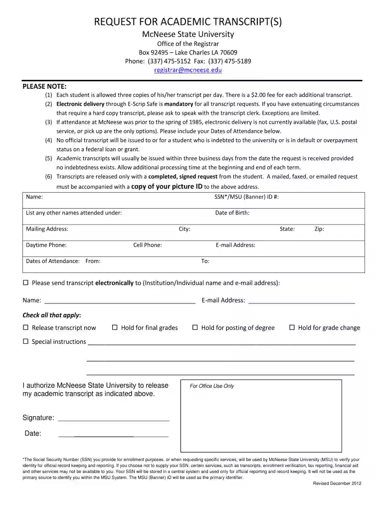 mcneese state university transcript request Preview on Page 1
