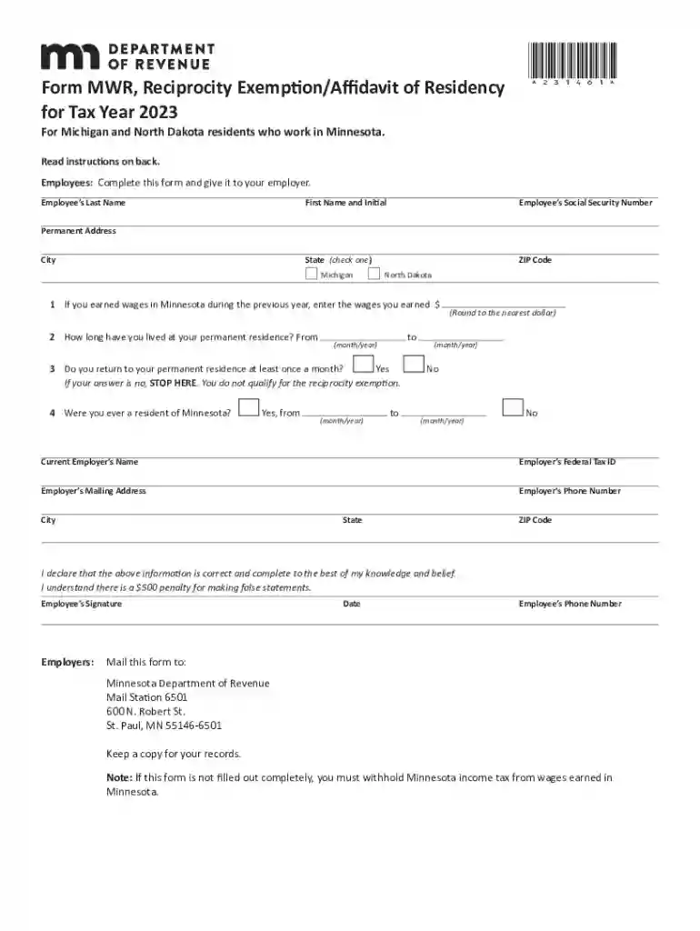 MN Form MWR Reciprocity Exemption Affidavit Of Preview on Page 1