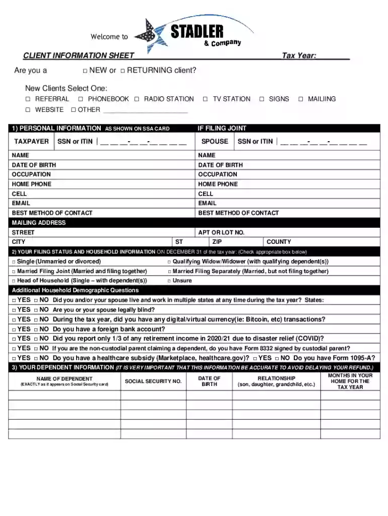 Free Tax Client Intake Form Template Preview on Page 1