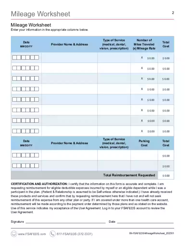 Fsa mileage worksheet: Fill out & sign online Preview on Page 1