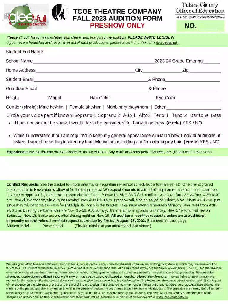 Glee Audition Form Preview on Page 1