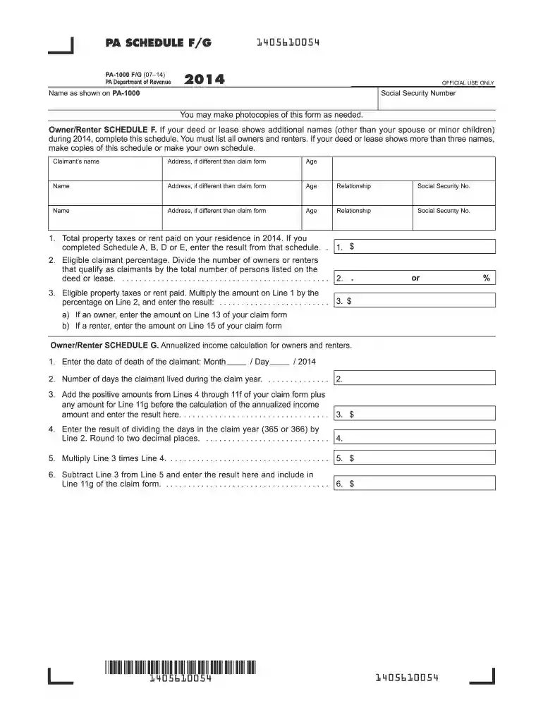 pa schedule fg 2014 form Preview on Page 1