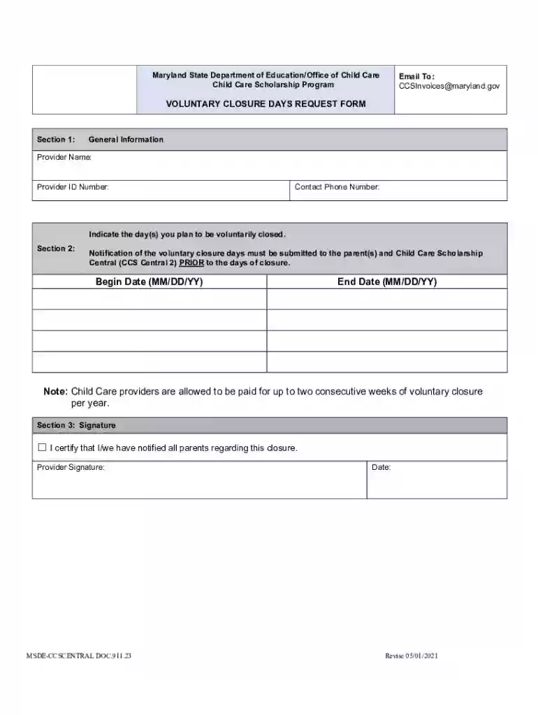 Voluntary Closure Days Request FormEnglish closure form Preview on Page 1