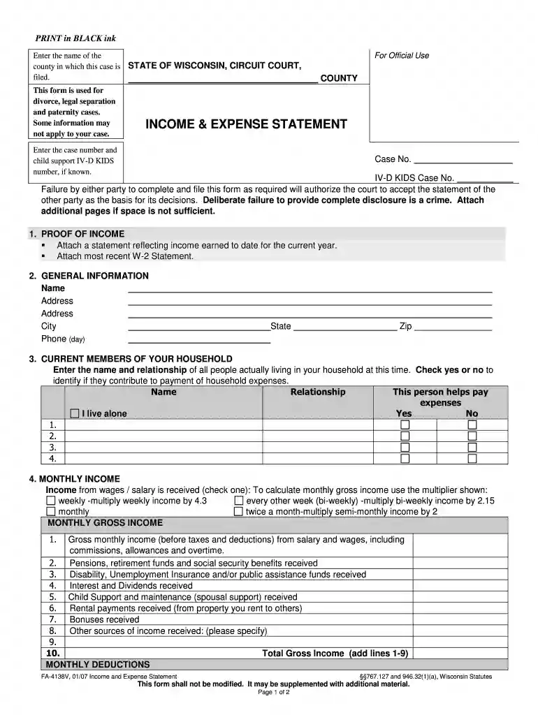 income and expense statement wisconsin Preview on Page 1