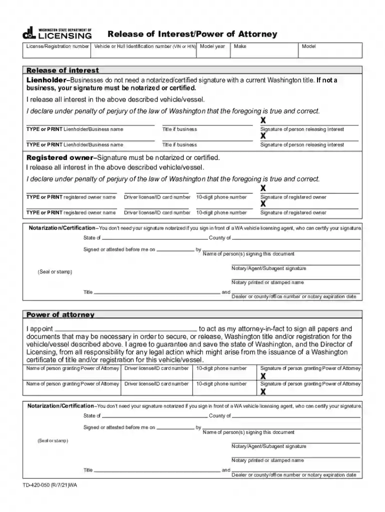 Release of Interest Power of Attorney Form to release interest in a vehicle or vessel and appoint a Preview on Page 1