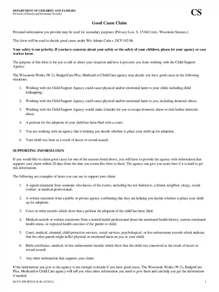 Good Cause Claim, DCF-F-DWSP2019-E Division of Family and Economic Security Preview on Page 1