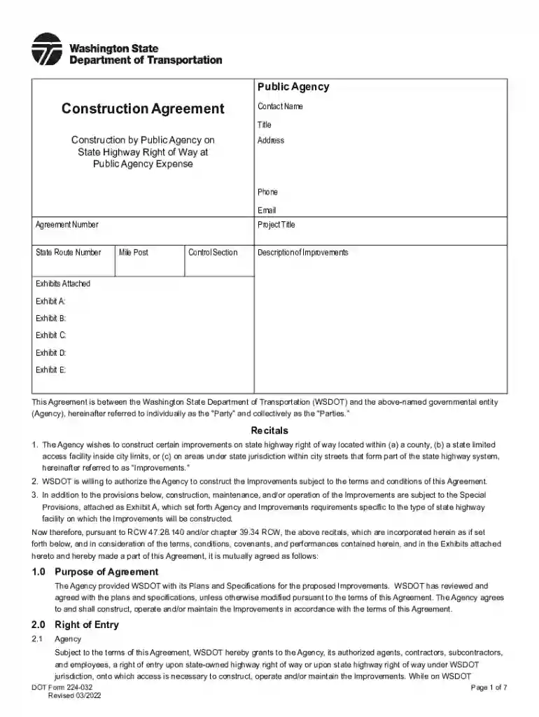 DOT Form 224-032 Construction Agreement - wsdot - WA Preview on Page 1
