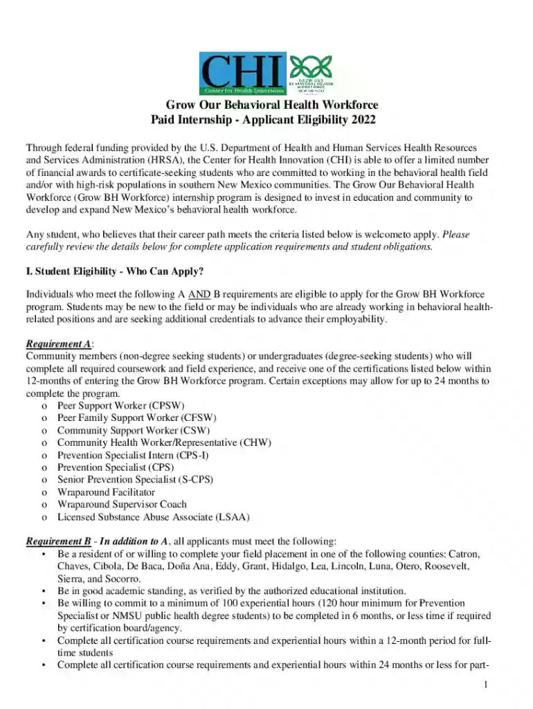 Grow Our Behavioral Health Workforce Paid Internship Preview on Page 1