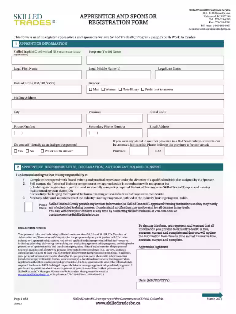 Apprentice And Sponsor Registration Form Preview on Page 1