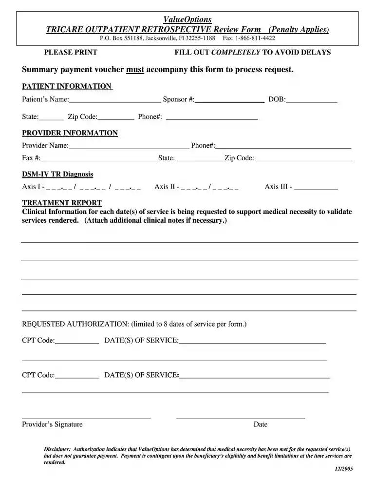 tricare retro outpatient treatment report 2005 form Preview on Page 1