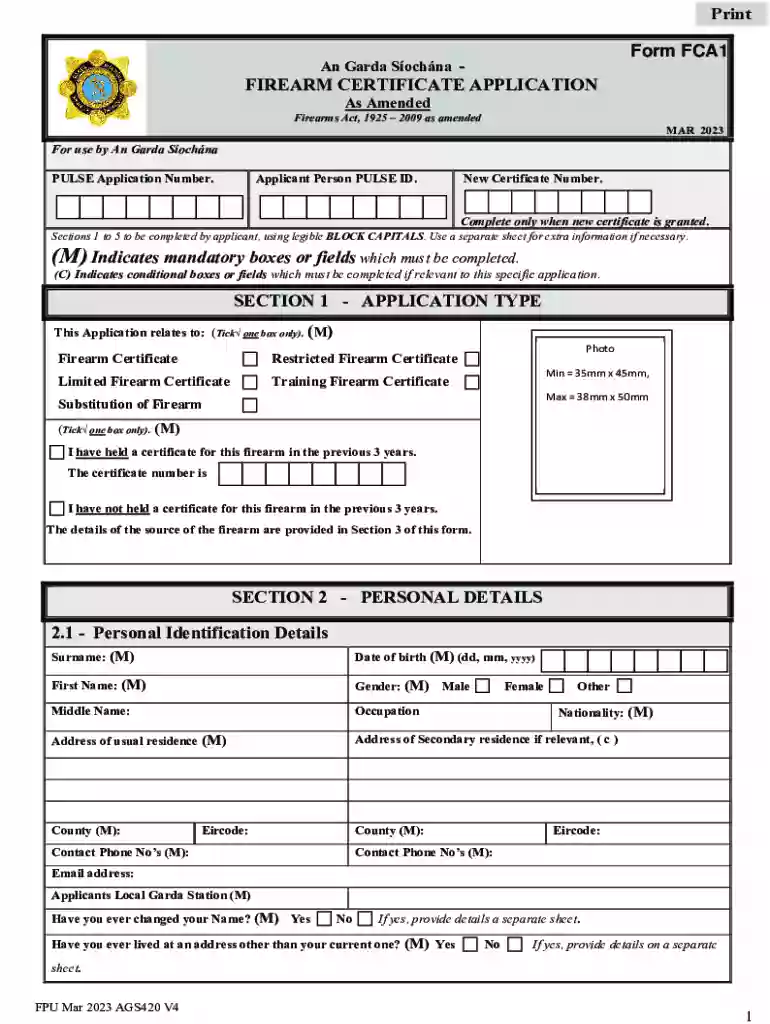 Form FCA1 FIREARM CERTIFICATE APPLICATION (M) Preview on Page 1