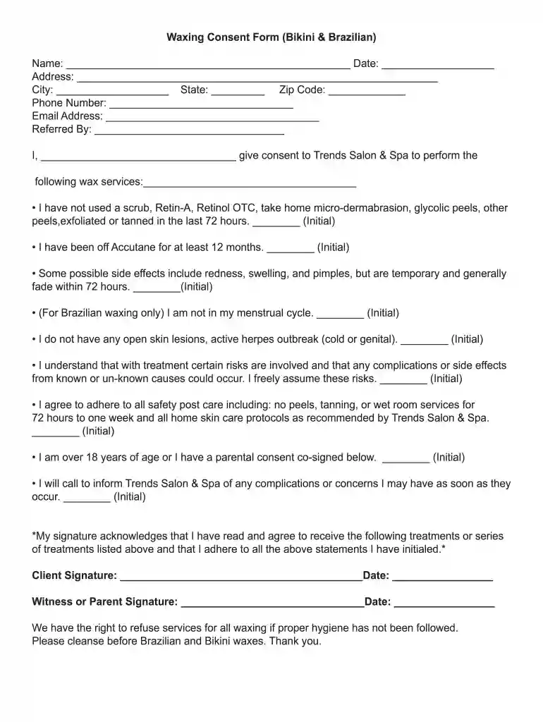 waxing consent form template Preview on Page 1