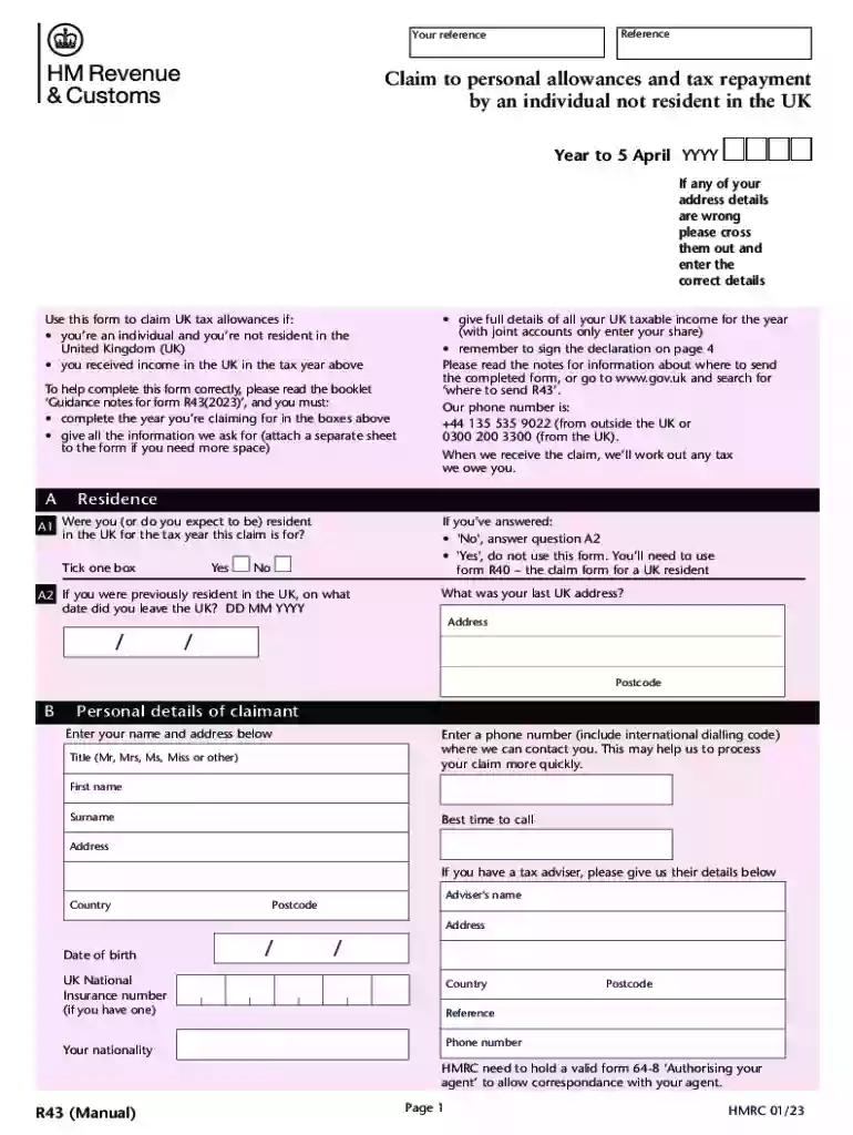 R43(Manual) Claim to personal allowances and tax repayment by an individual not resident in the UK Preview on Page 1